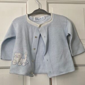 Blue Knit Baby Cardigan with Train Embroidery